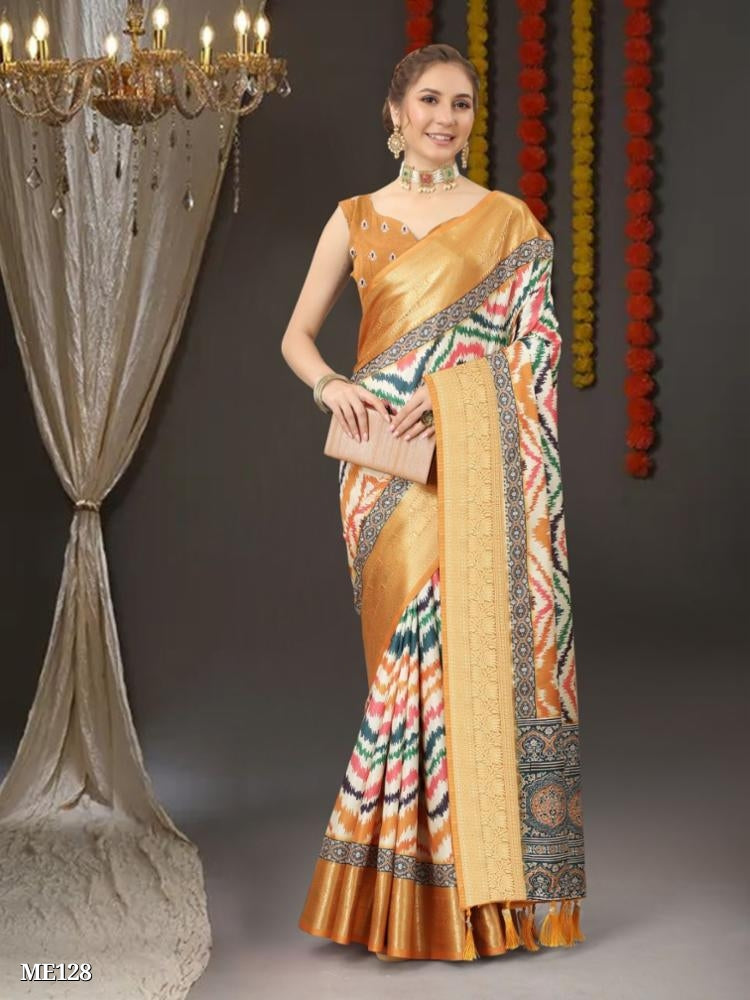 Zigzag Digital Print All Over Saree And Zari Weawing Contrast Border With Printed Pallu