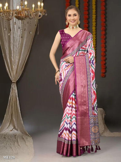 Zigzag Digital Print All Over Saree And Zari Weawing Contrast Border With Printed Pallu