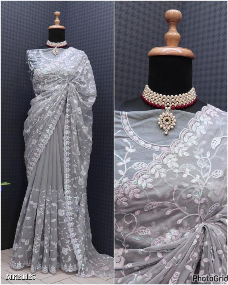 Simmer Chiffon Silk Seqwance Work With Cut Work*