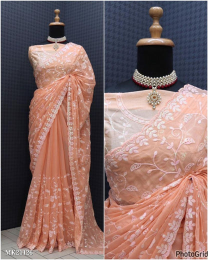 Simmer Chiffon Silk Seqwance Work With Cut Work*