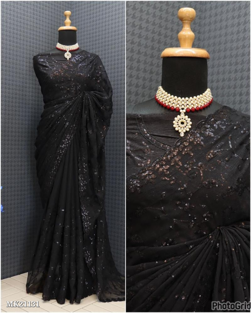 Simmer Chiffon Silk Seqwance Work With Cut Work*