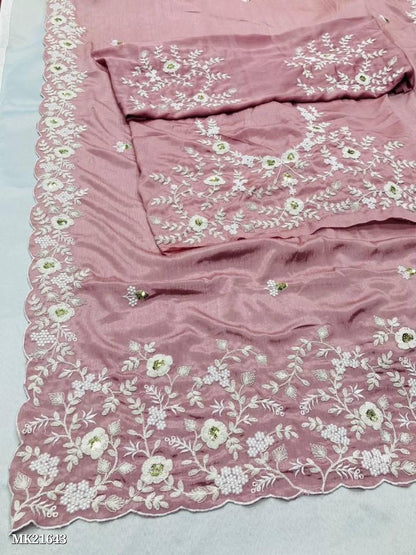 Chinon Fabric all over fancy Embroidery Work Saree