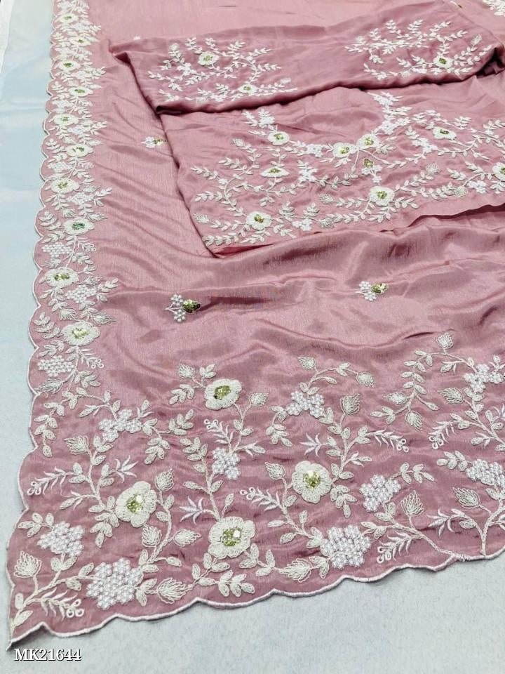 Chinon Fabric all over fancy Embroidery Work Saree