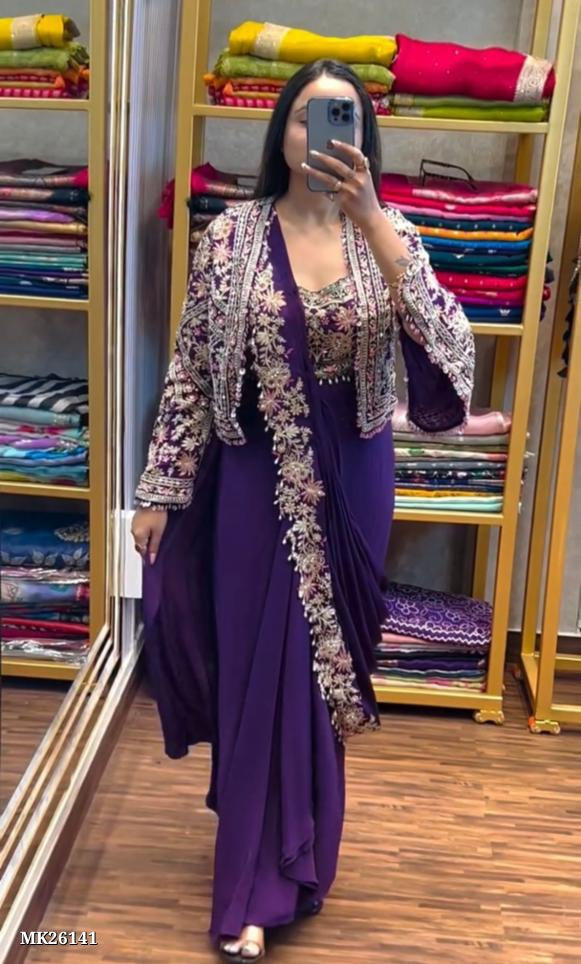 Trending Embroidery cording work ready to wear saree with full koti*