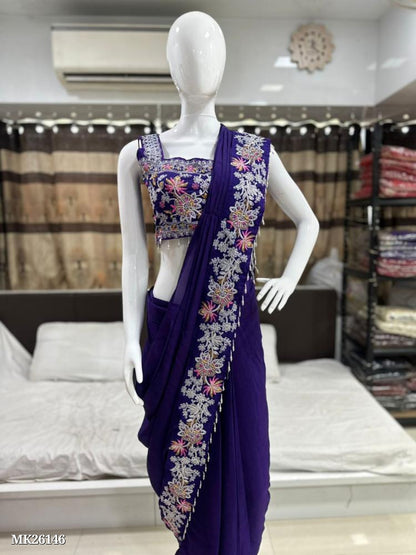 Trending Embroidery cording work ready to wear saree with full koti*