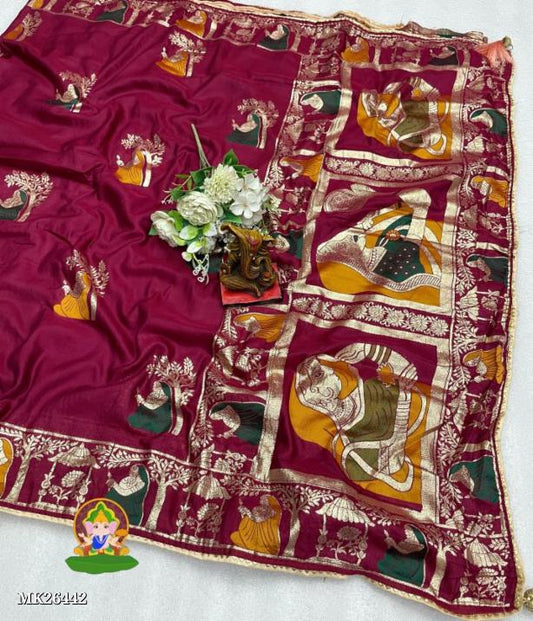 Pure Dola Silk Fabric Saree With Beautiful Dulhan Design Heavy Meenakari Zari