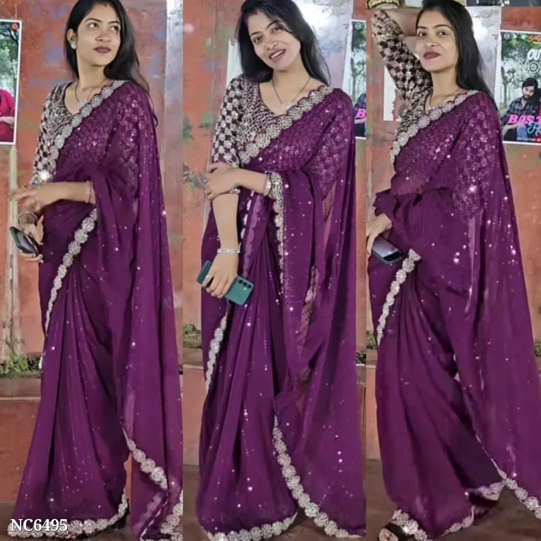 Mirror saree Pure Georgette sequence lining fabric original mirror work hand work 10000 mirror attach