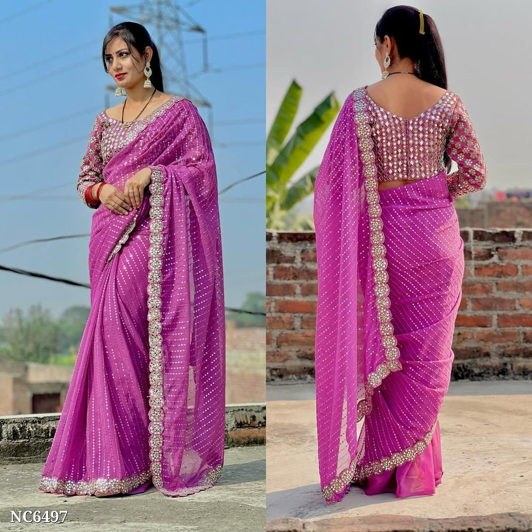 Mirror saree Pure Georgette sequence lining fabric original mirror work hand work 10000 mirror attach