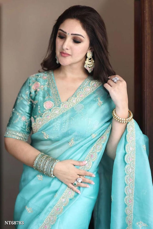 Beautiful embroidery siquance and coding work lace border and beautiful buti in all saree