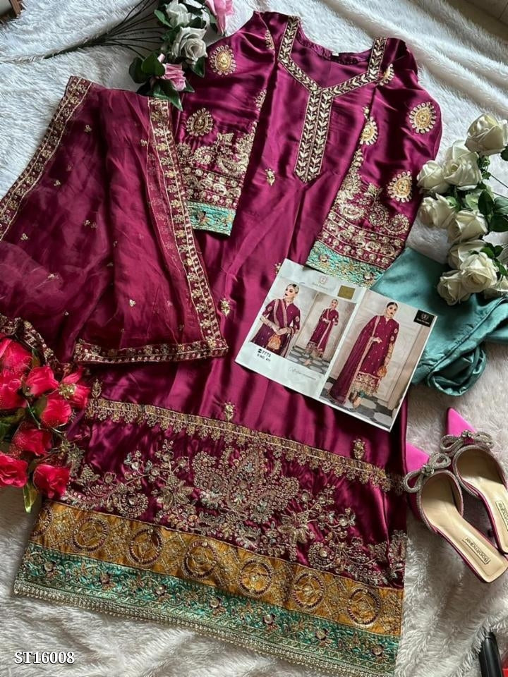 Suit, semi Sttich Heavy Satin Silk With Heavy Embroidery