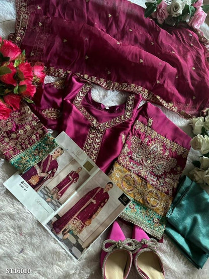 Suit, semi Sttich Heavy Satin Silk With Heavy Embroidery