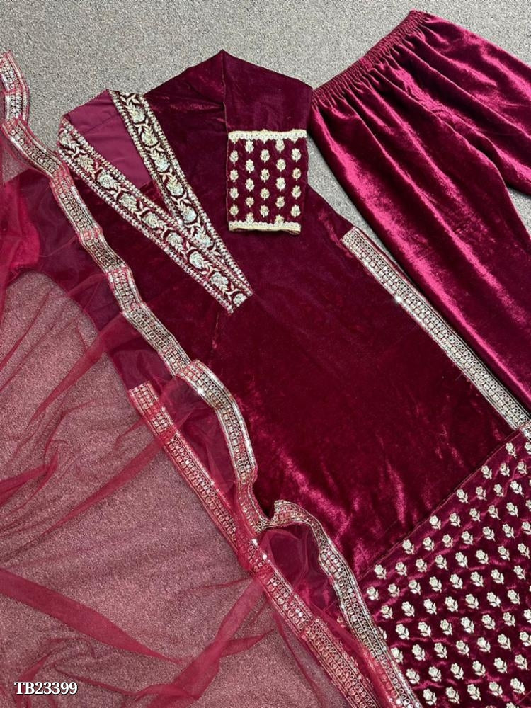 VELVET SUIT IN EMBROIDERY 5mm SEQUINS WORK LONG TOP-BOTTOM WITH DUPATTA