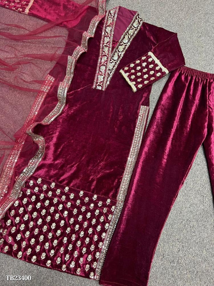 VELVET SUIT IN EMBROIDERY 5mm SEQUINS WORK LONG TOP-BOTTOM WITH DUPATTA