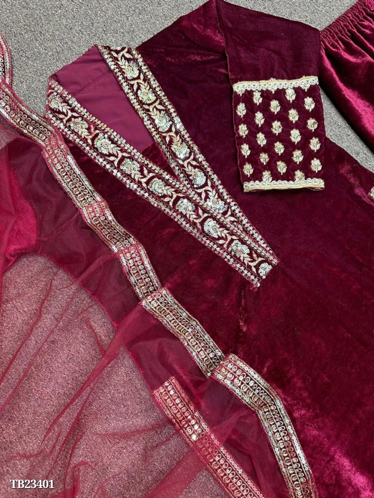 VELVET SUIT IN EMBROIDERY 5mm SEQUINS WORK LONG TOP-BOTTOM WITH DUPATTA