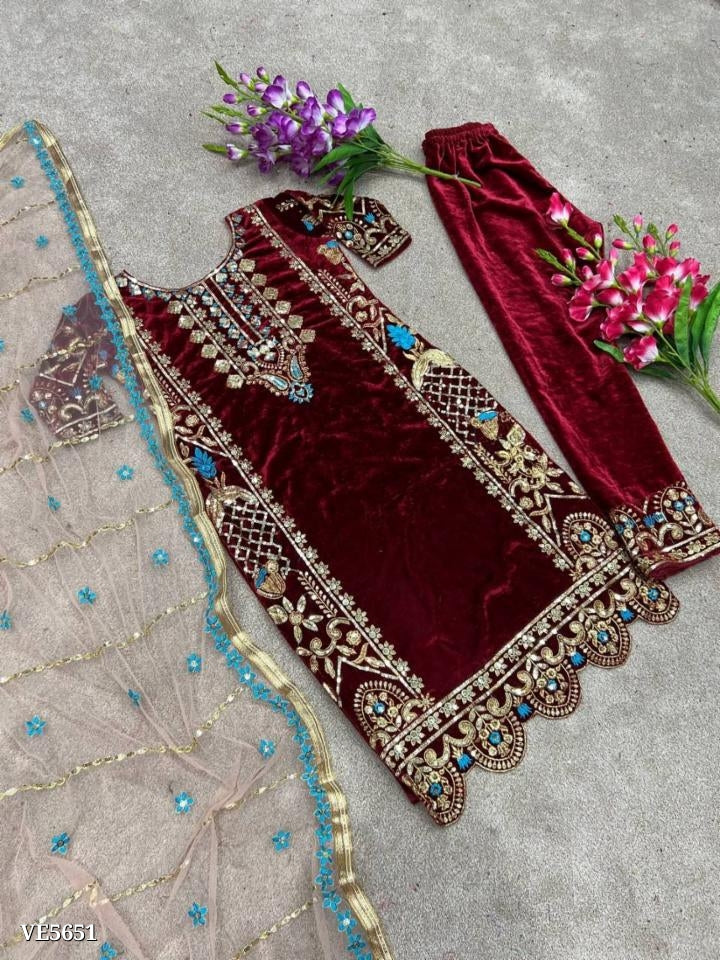 Suit, pure Viscose Velvet With Heavy Embroidery sequence Work*