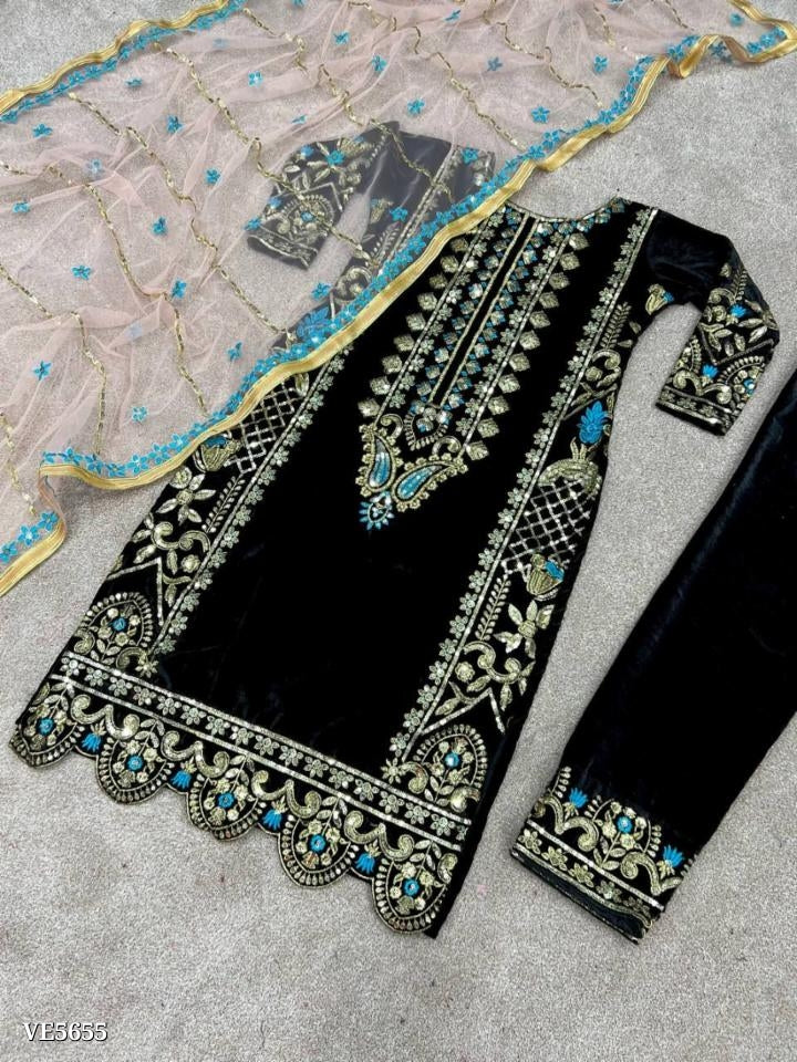 Suit, pure Viscose Velvet With Heavy Embroidery sequence Work*