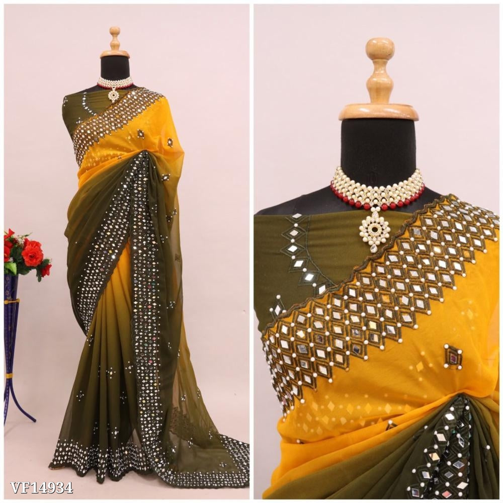 Pure Fox Georgette Pedding With Embroidery C Pallu Work Real Mirror Work On Saree with blouse