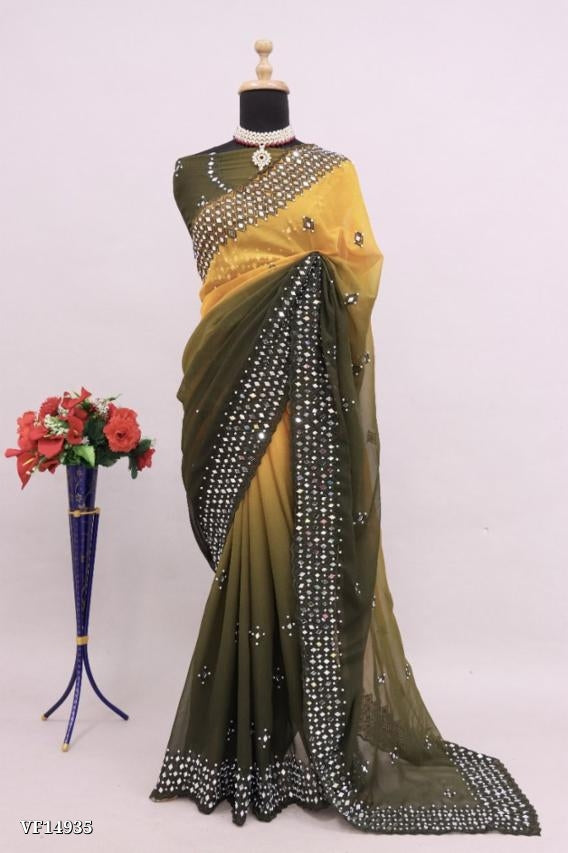 Pure Fox Georgette Pedding With Embroidery C Pallu Work Real Mirror Work On Saree with blouse