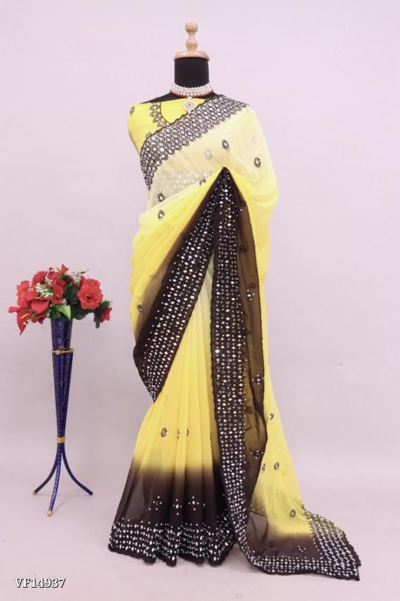 Pure Fox Georgette Pedding With Embroidery C Pallu Work Real Mirror Work On Saree with blouse