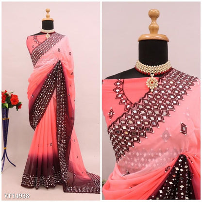 Pure Fox Georgette Pedding With Embroidery C Pallu Work Real Mirror Work On Saree with blouse