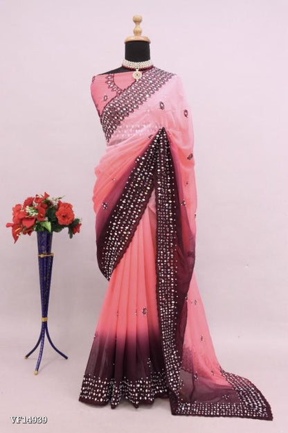 Pure Fox Georgette Pedding With Embroidery C Pallu Work Real Mirror Work On Saree with blouse