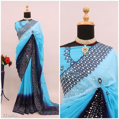 Pure Fox Georgette Pedding With Embroidery C Pallu Work Real Mirror Work On Saree with blouse