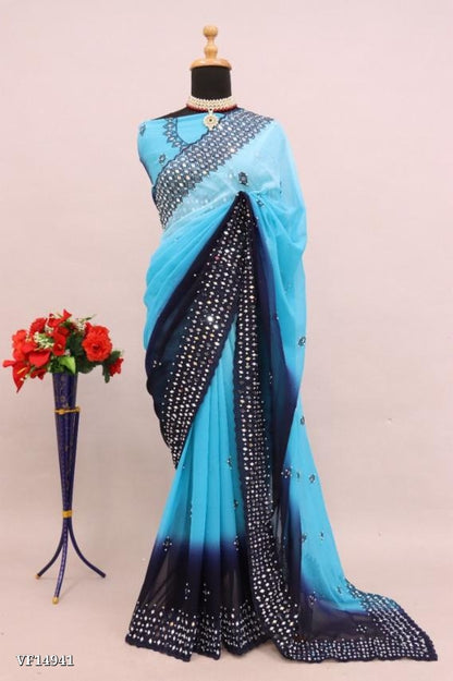 Pure Fox Georgette Pedding With Embroidery C Pallu Work Real Mirror Work On Saree with blouse