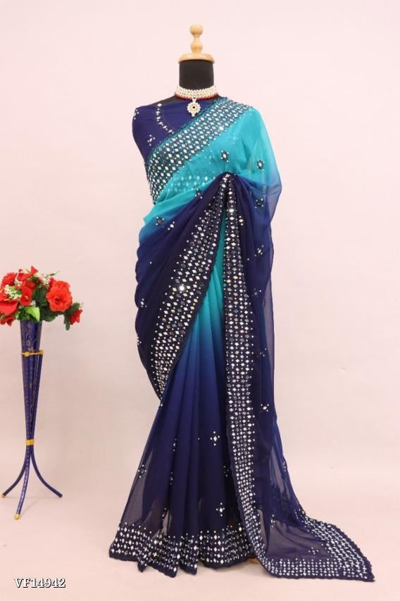 Pure Fox Georgette Pedding With Embroidery C Pallu Work Real Mirror Work On Saree with blouse