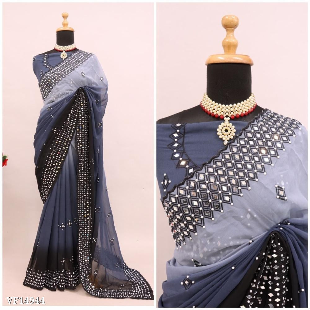 Pure Fox Georgette Pedding With Embroidery C Pallu Work Real Mirror Work On Saree with blouse