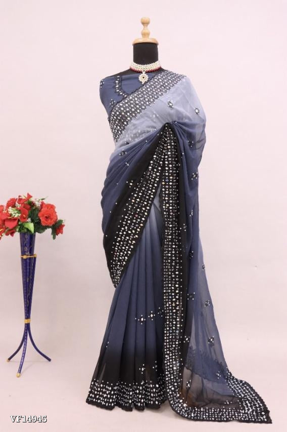 Pure Fox Georgette Pedding With Embroidery C Pallu Work Real Mirror Work On Saree with blouse