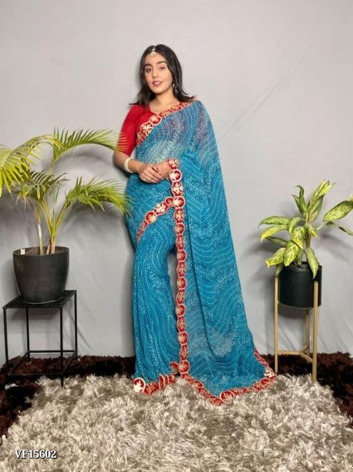 Pure Georgette  Beautiful Bandhani & Foil Hit Prints Designer Saree with Cut Work Gota Pati Velvet Border Saree