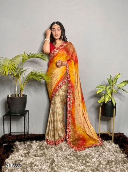 Pure Georgette  Beautiful Bandhani & Foil Hit Prints Designer Saree with Cut Work Gota Pati Velvet Border Saree