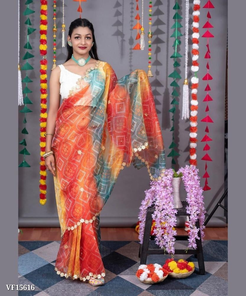 Soft Organza Saree with  Beautiful Bandhej Print & Gota Moti Work Border in Saree