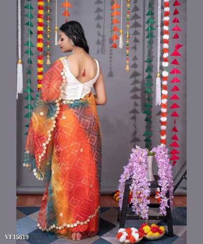 Soft Organza Saree with  Beautiful Bandhej Print & Gota Moti Work Border in Saree