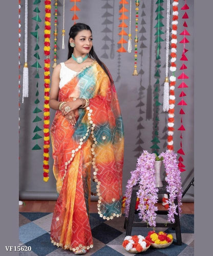 Soft Organza Saree with  Beautiful Bandhej Print & Gota Moti Work Border in Saree