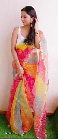 Soft Organza Saree with  Beautiful Bandhej Print & Gota Moti Work Border in Saree