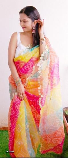 Soft Organza Saree with  Beautiful Bandhej Print & Gota Moti Work Border in Saree