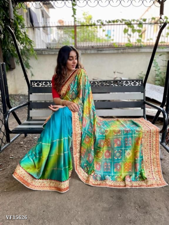 Brige Moss Chiffon Saree with Beautiful Half Half Bandhani Print & Heavy Gota Patti Work Border in Saree