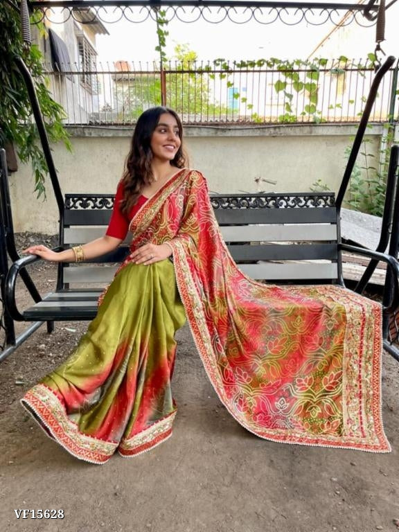 Brige Moss Chiffon Saree with Beautiful Half Half Bandhani Print & Heavy Gota Patti Work Border in Saree