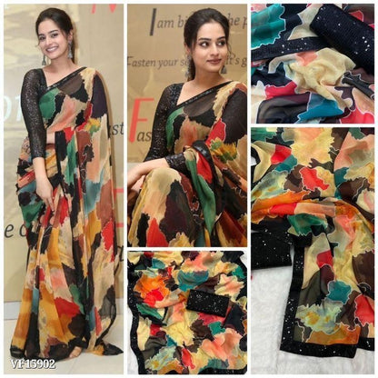 Soft Chiffon floral printed saree with black sequence lace border