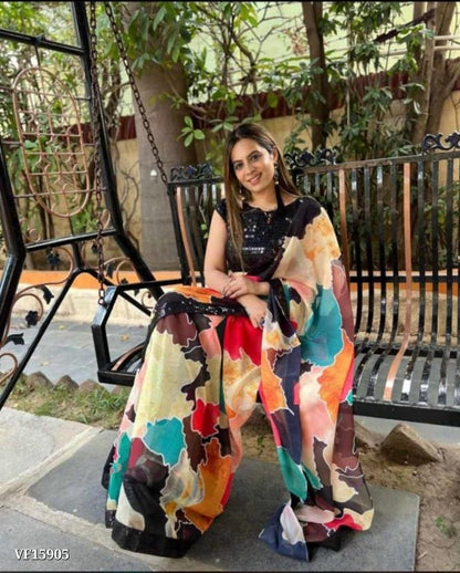 Soft Chiffon floral printed saree with black sequence lace border