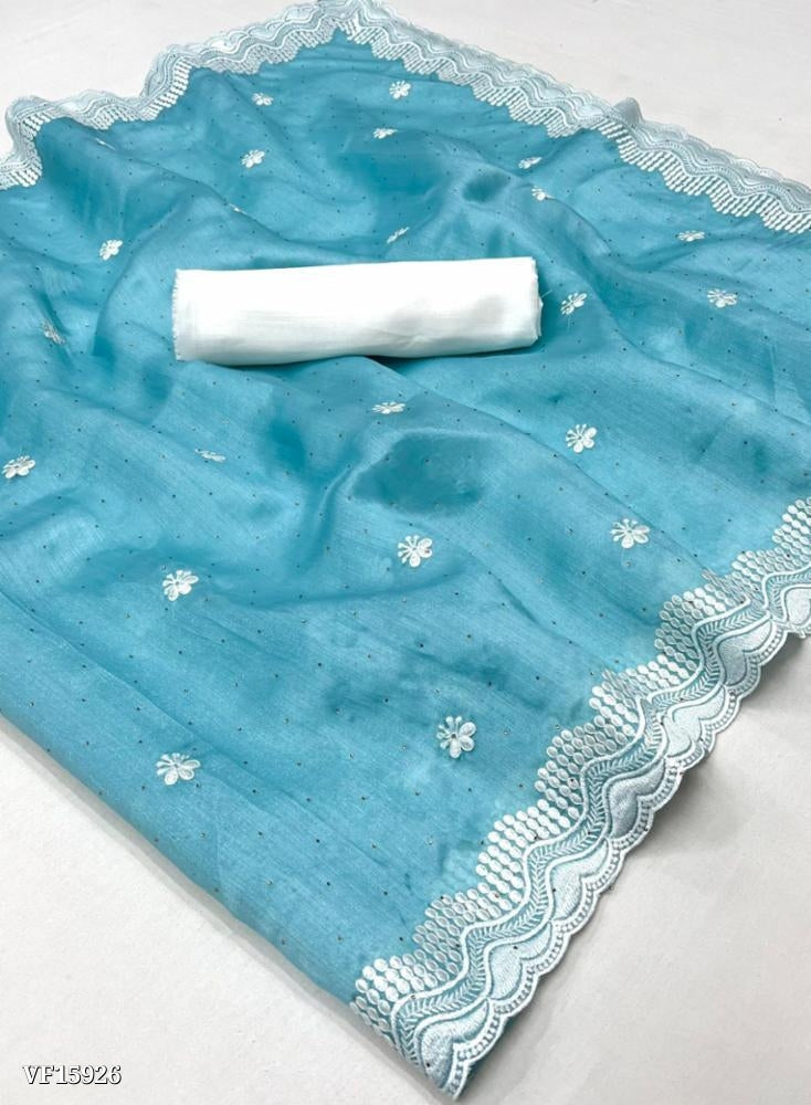 Pure soft organza stone work sarees with beautiful Embroidery borders along With Cut work