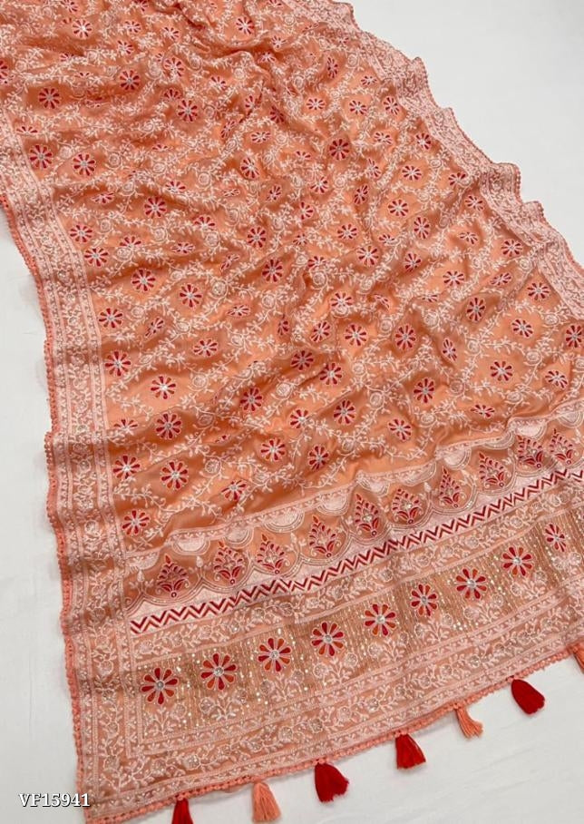 Premium Chiffon Fabric With Beautiful Chikankari Work Malti WITH Sequence N Color Colorfull Flower Work Cotton lace Boder