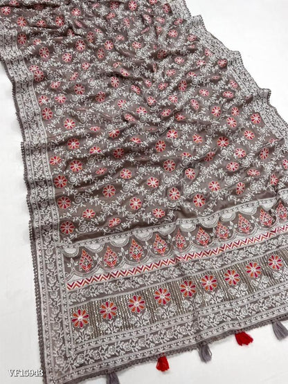 Premium Chiffon Fabric With Beautiful Chikankari Work Malti WITH Sequence N Color Colorfull Flower Work Cotton lace Boder