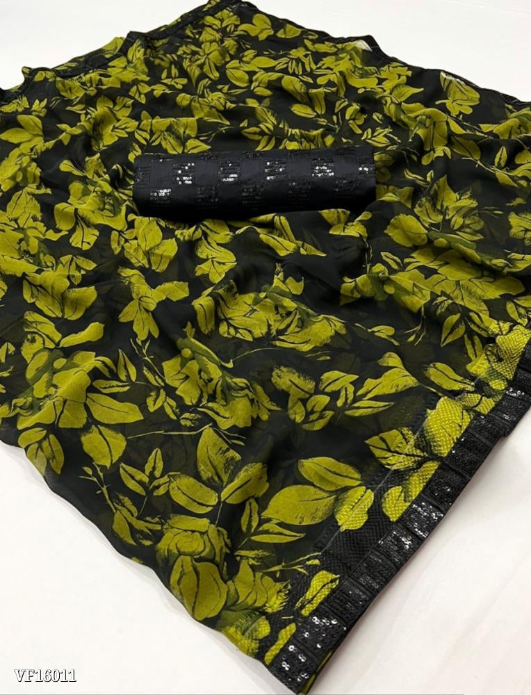 saree Georgette Fabric And Flowers Mill Print With Black Dark Combination Sequence Border And Full Sequece Work Blouse