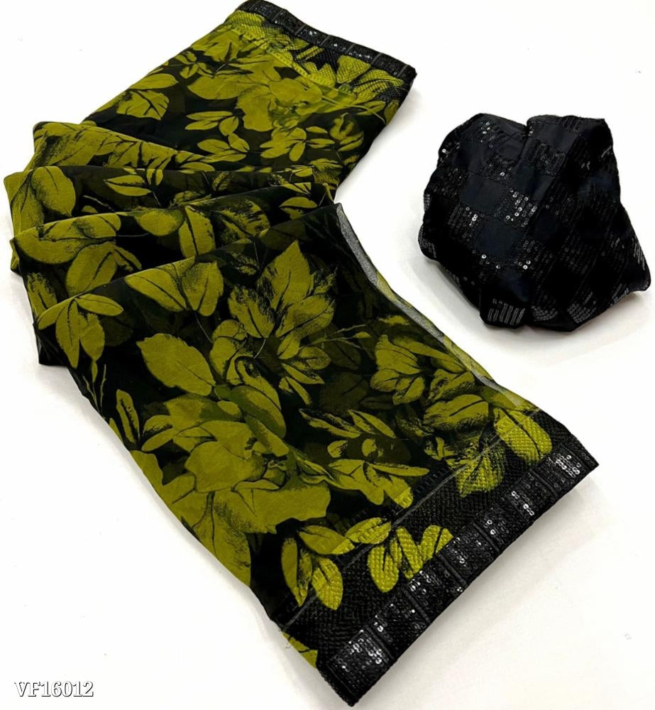 saree Georgette Fabric And Flowers Mill Print With Black Dark Combination Sequence Border And Full Sequece Work Blouse