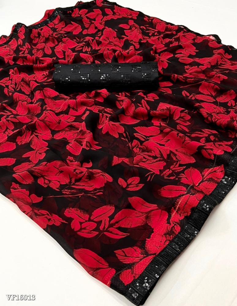 saree Georgette Fabric And Flowers Mill Print With Black Dark Combination Sequence Border And Full Sequece Work Blouse