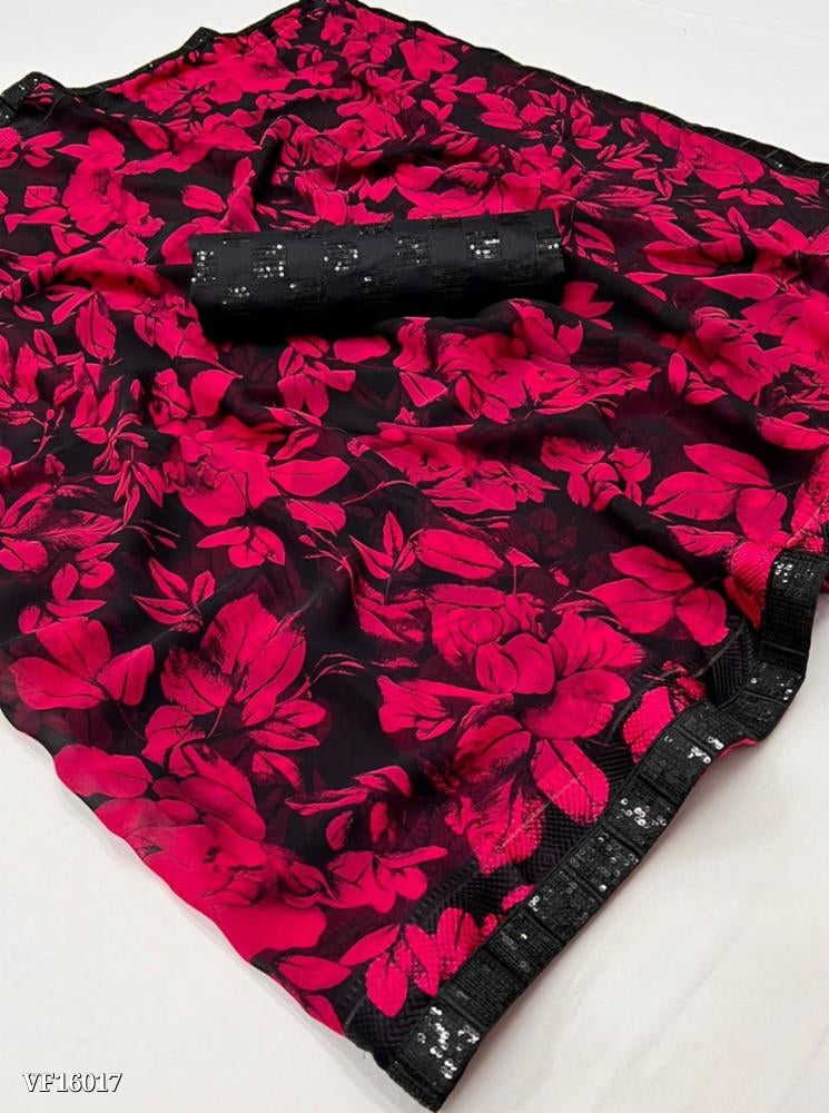 saree Georgette Fabric And Flowers Mill Print With Black Dark Combination Sequence Border And Full Sequece Work Blouse