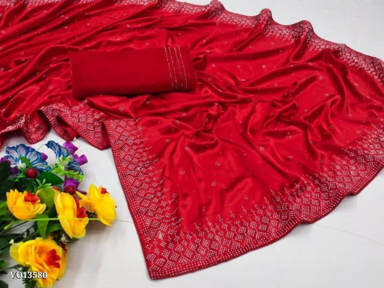 Soft Rangoli Silk  Fabric With Designer Swaroski Diamond  Work Along With Matching Blouse & Piping