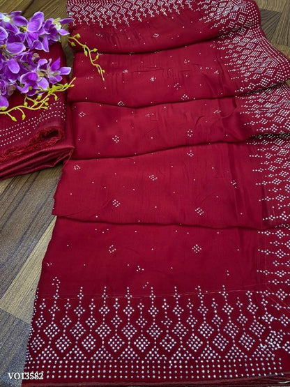 Soft Rangoli Silk  Fabric With Designer Swaroski Diamond  Work Along With Matching Blouse & Piping